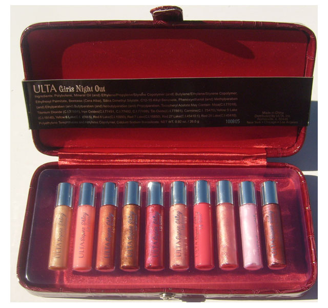 Girls Night Out 10 Piece Mini Lip Gloss Collection and Maroon Case $40-Value